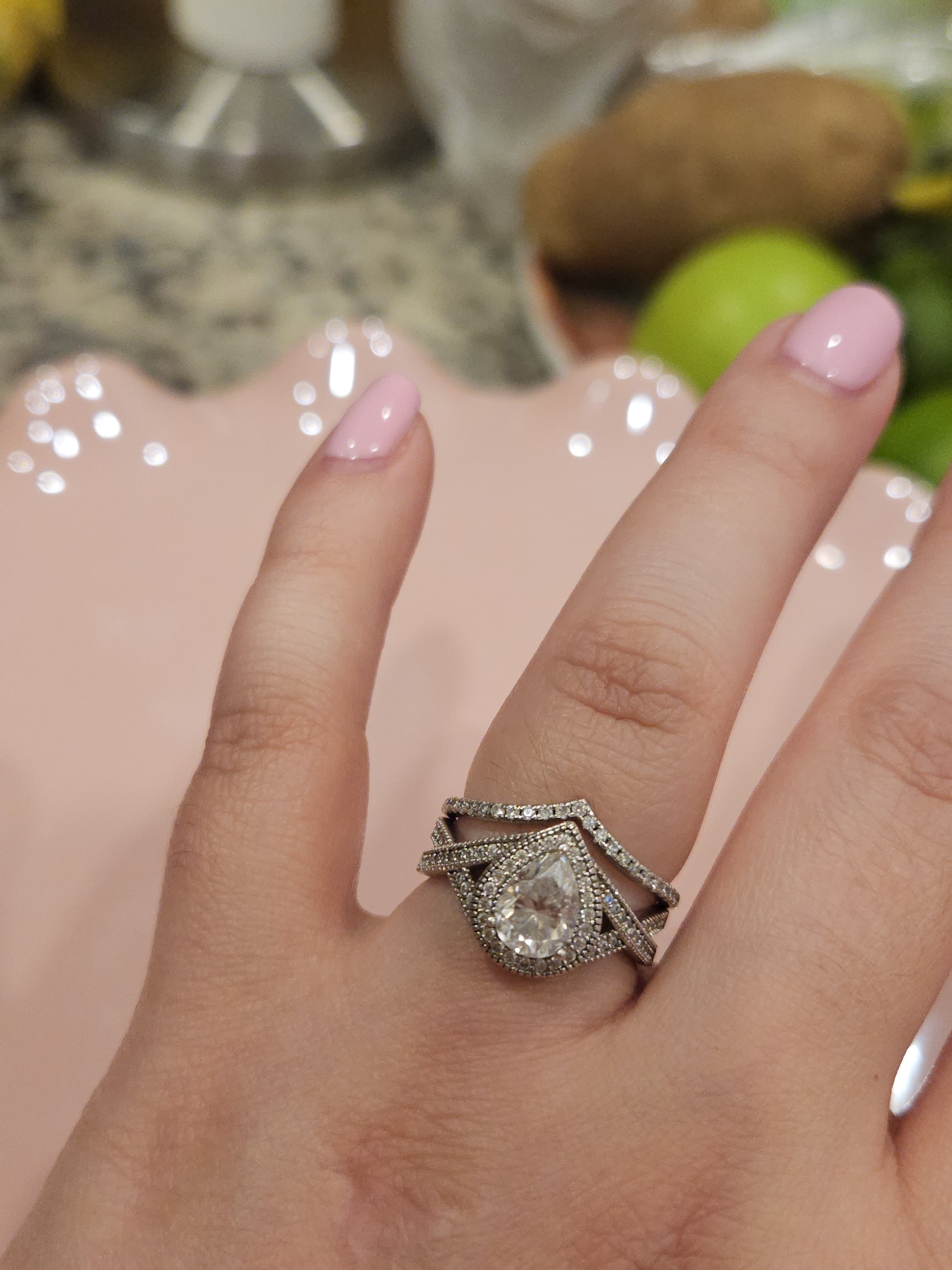 Sterling Silver Pear Halo Engagement Ring With Pave Band - Pink
